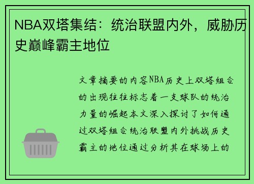 NBA双塔集结：统治联盟内外，威胁历史巅峰霸主地位